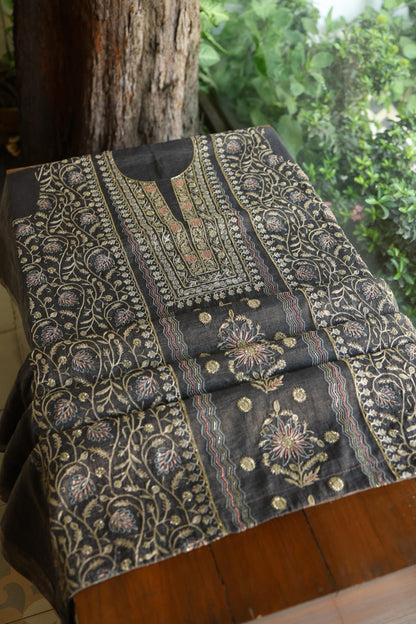 Black Shade Tissue Silk Chikankari Unstitched Fabric