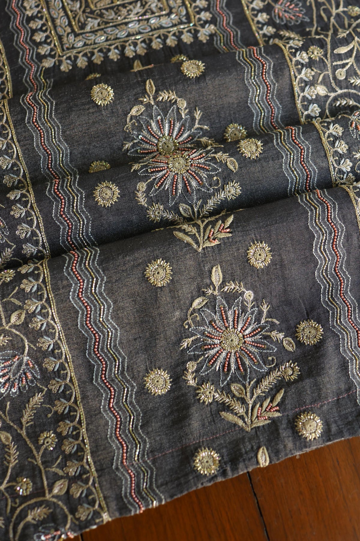 Black Shade Tissue Silk Chikankari Unstitched Fabric