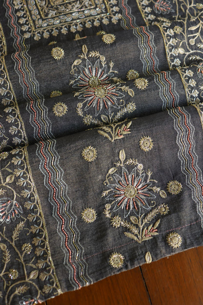 Black Shade Tissue Silk Chikankari Unstitched Fabric
