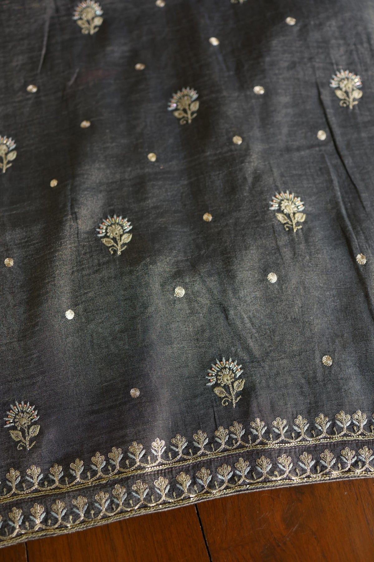 Black Shade Tissue Silk Chikankari Unstitched Fabric