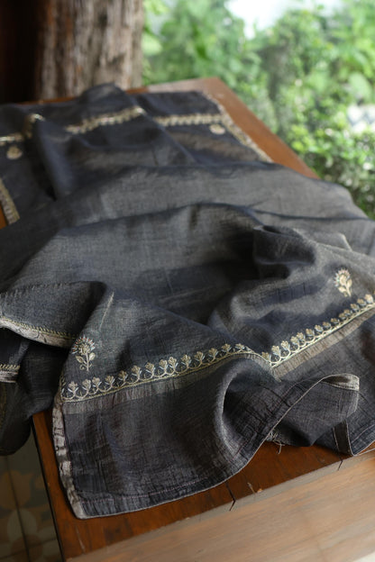 Black Shade Tissue Silk Chikankari Unstitched Fabric