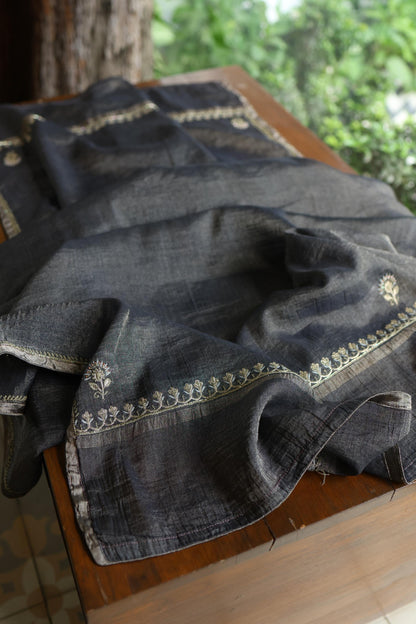 Black Shade Tissue Silk Chikankari Unstitched Fabric