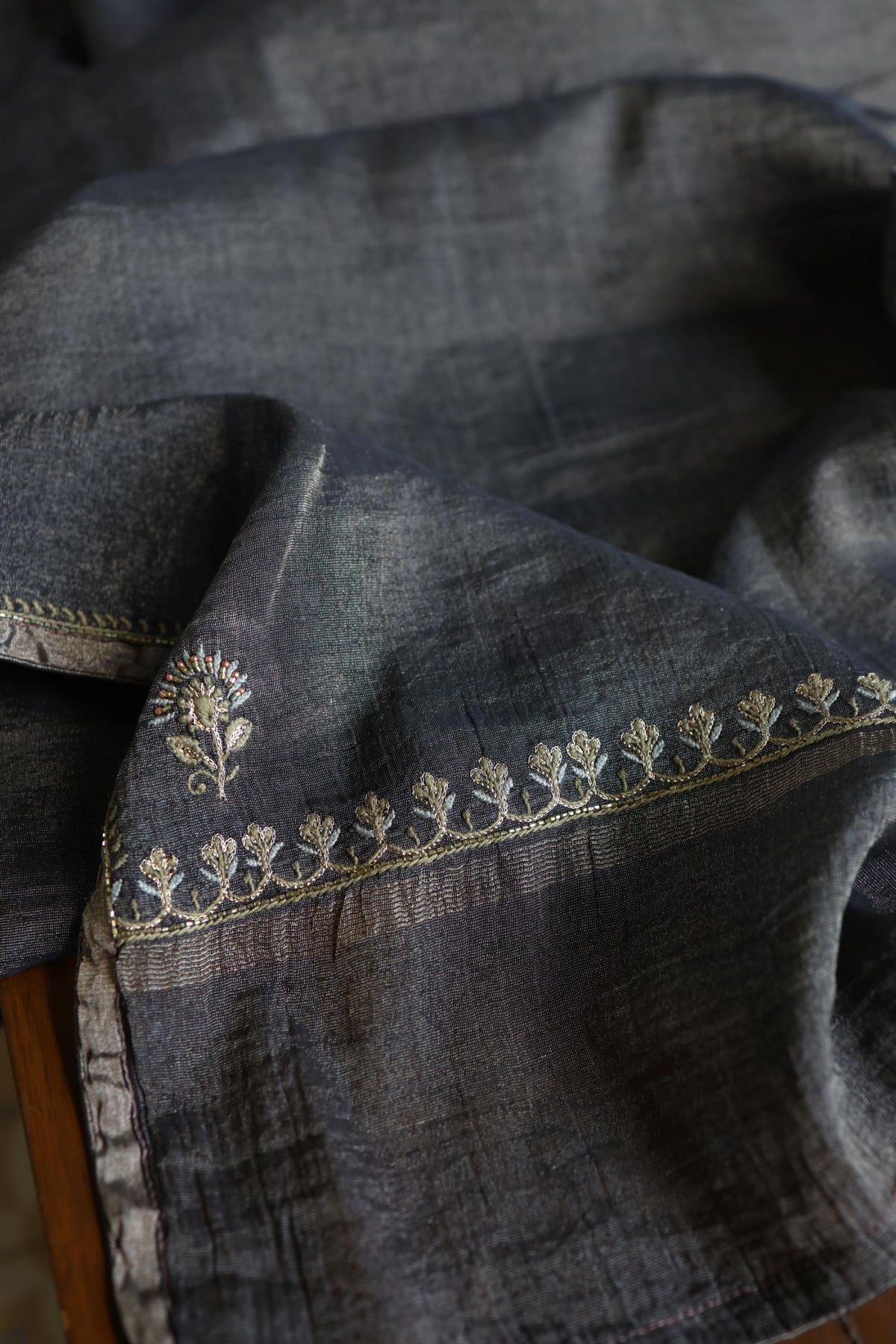 Black Shade Tissue Silk Chikankari Unstitched Fabric