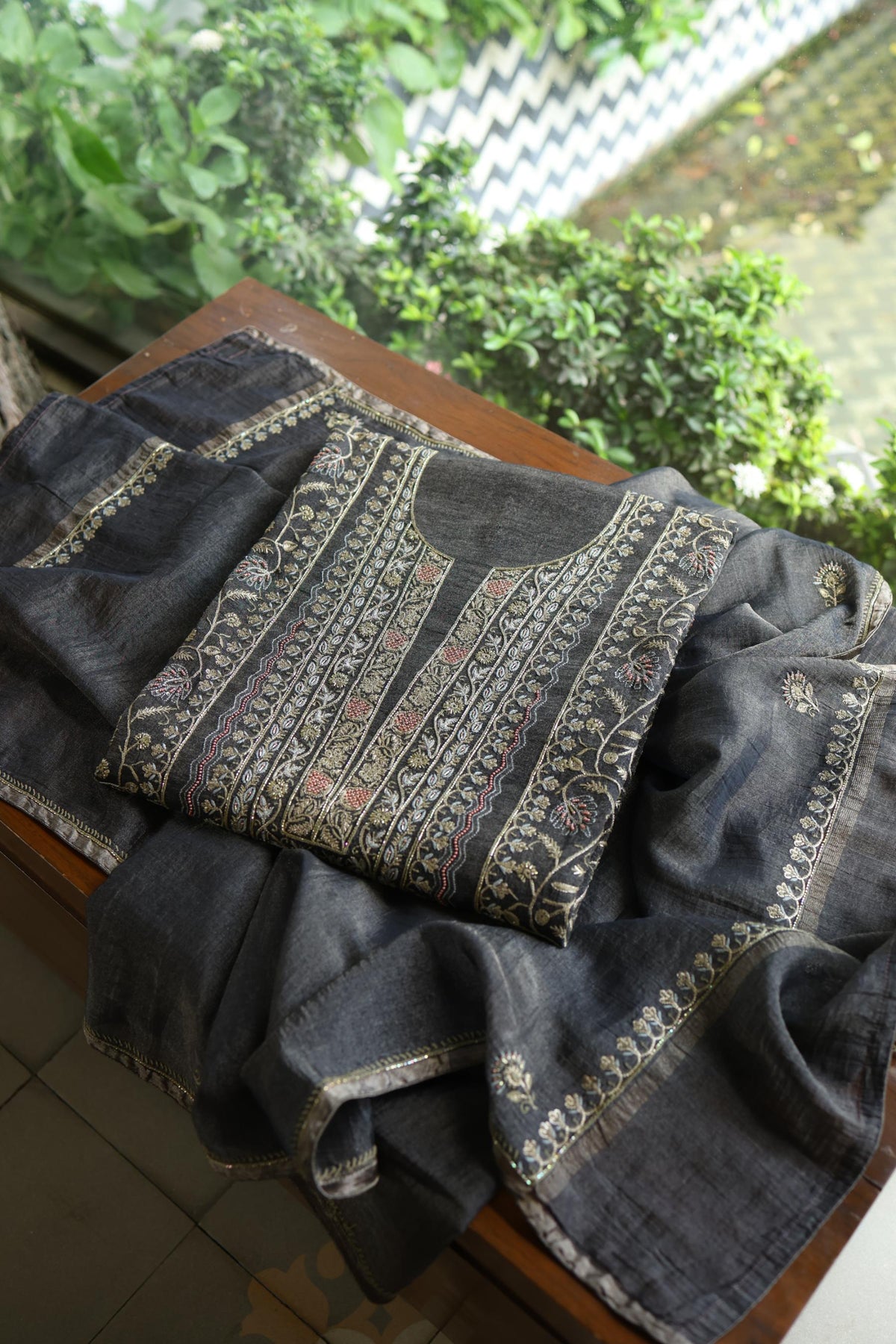 Black Shade Tissue Silk Chikankari Unstitched Fabric