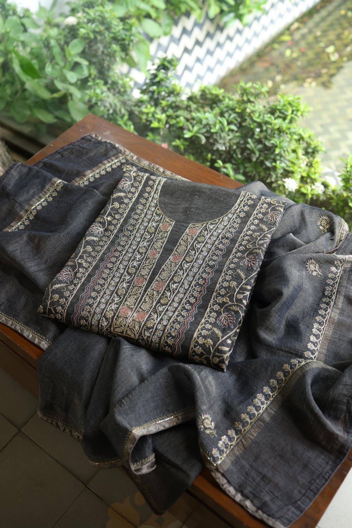 Black Shade Tissue Silk Chikankari Unstitched Fabric