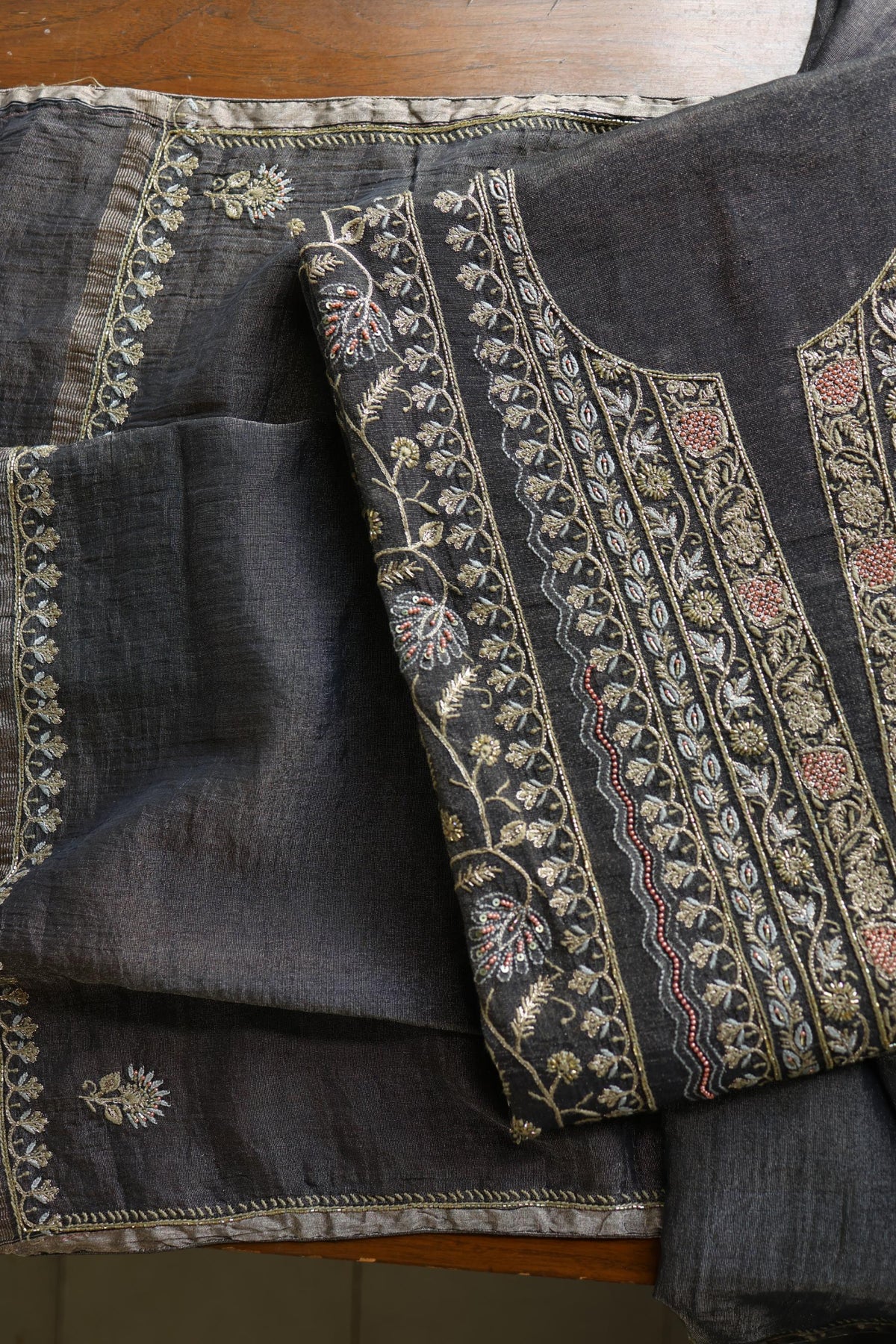 Black Shade Tissue Silk Chikankari Unstitched Fabric