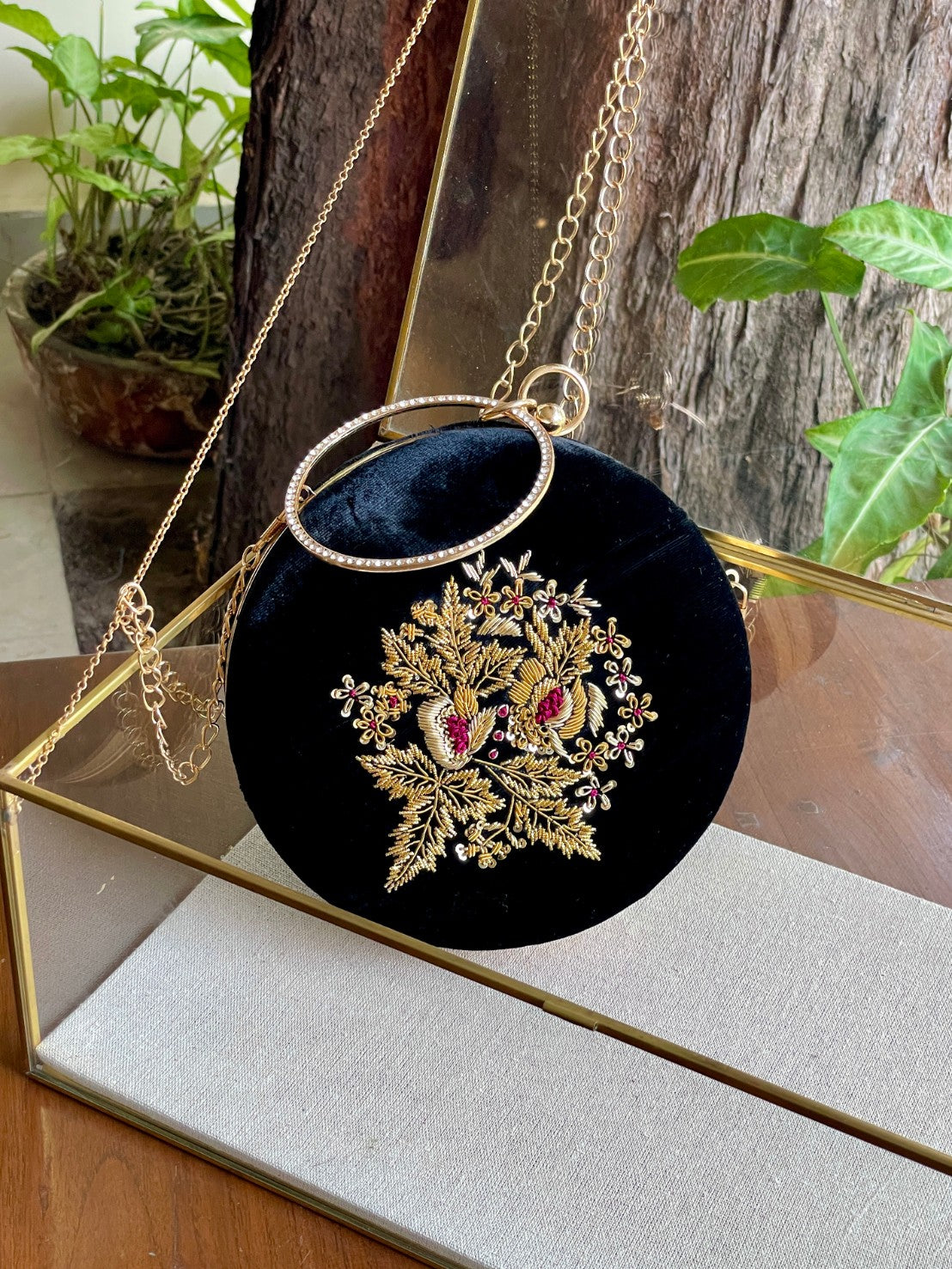 Black Shade Velvet Ari Mukaish Zardosi Round Shape Sling Bag