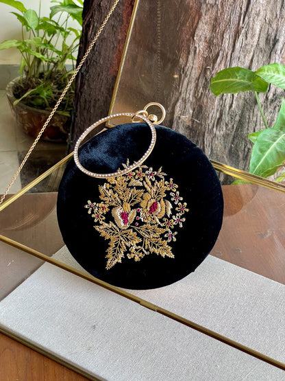 Black Shade Velvet Ari Mukaish Zardosi Round Shape Sling Bag