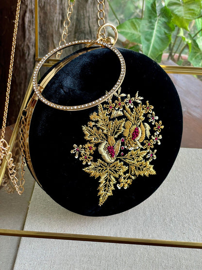 Black Shade Velvet Ari Mukaish Zardosi Round Shape Sling Bag