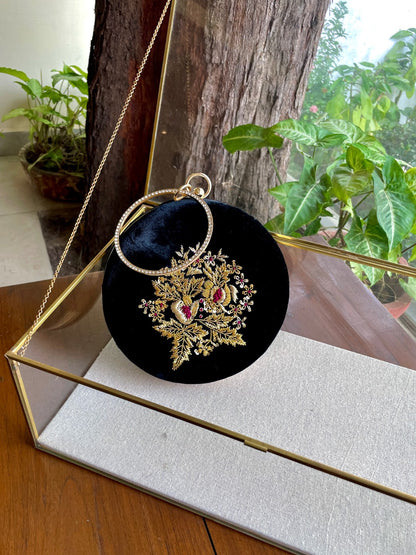 Black Shade Velvet Ari Mukaish Zardosi Round Shape Sling Bag