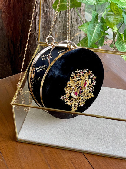Black Shade Velvet Ari Mukaish Zardosi Round Shape Sling Bag