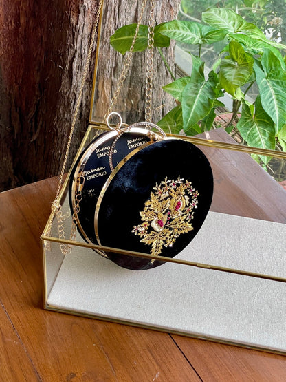 Black Shade Velvet Ari Mukaish Zardosi Round Shape Sling Bag