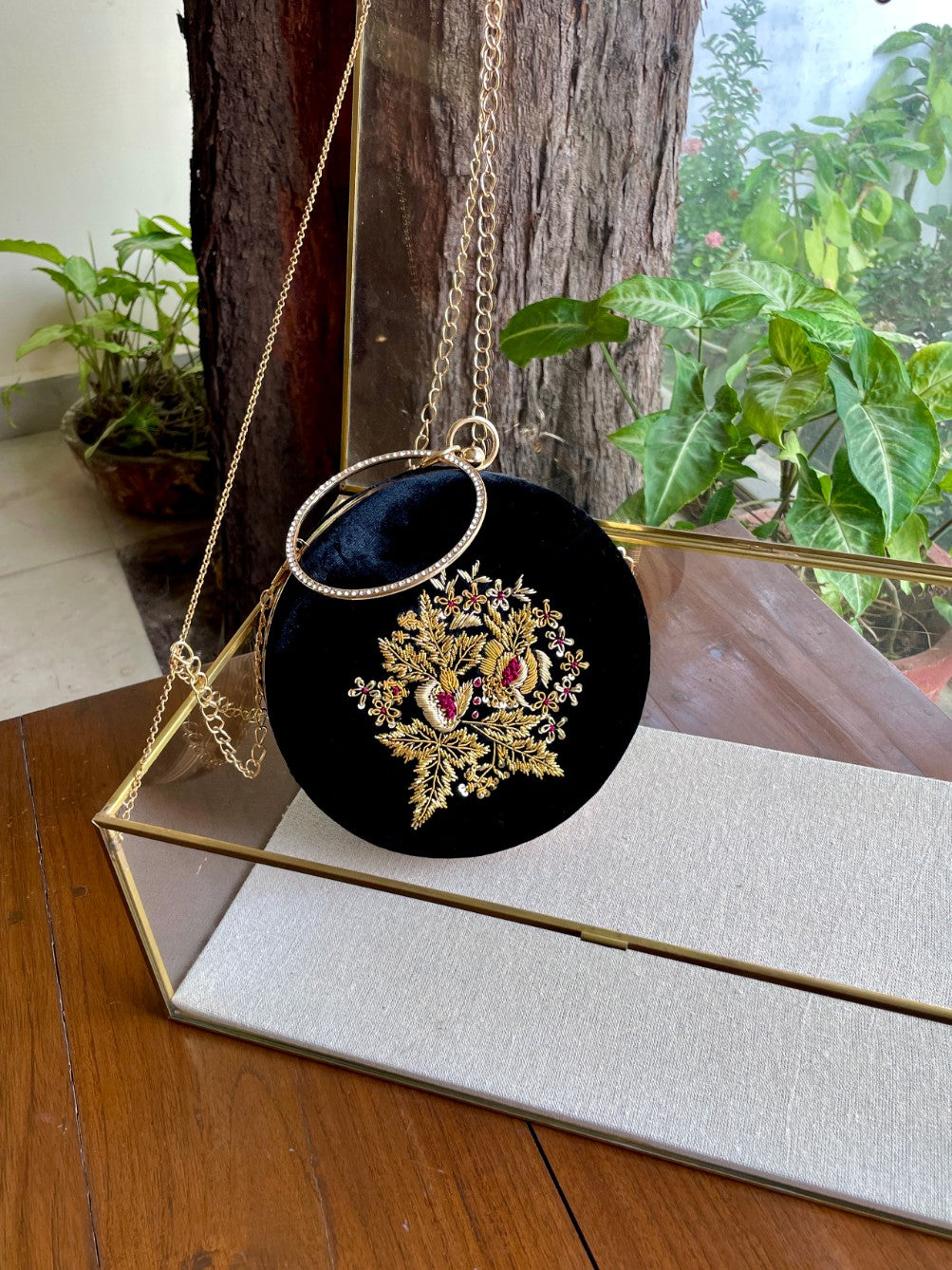 Black Shade Velvet Ari Mukaish Zardosi Round Shape Sling Bag