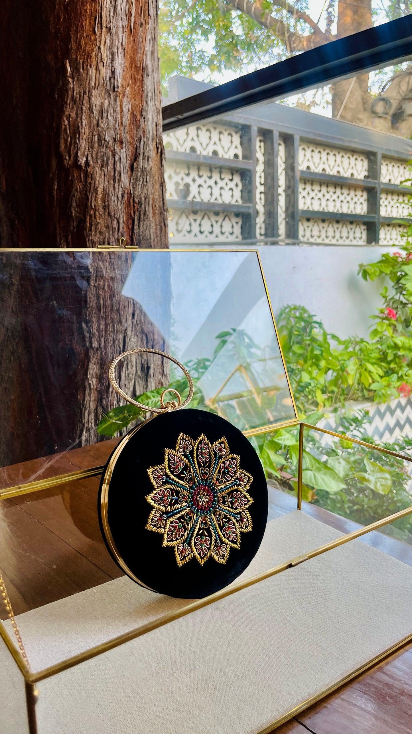 Black Shade Velvet Ari Mukaish Zardosi Round Sling Bag