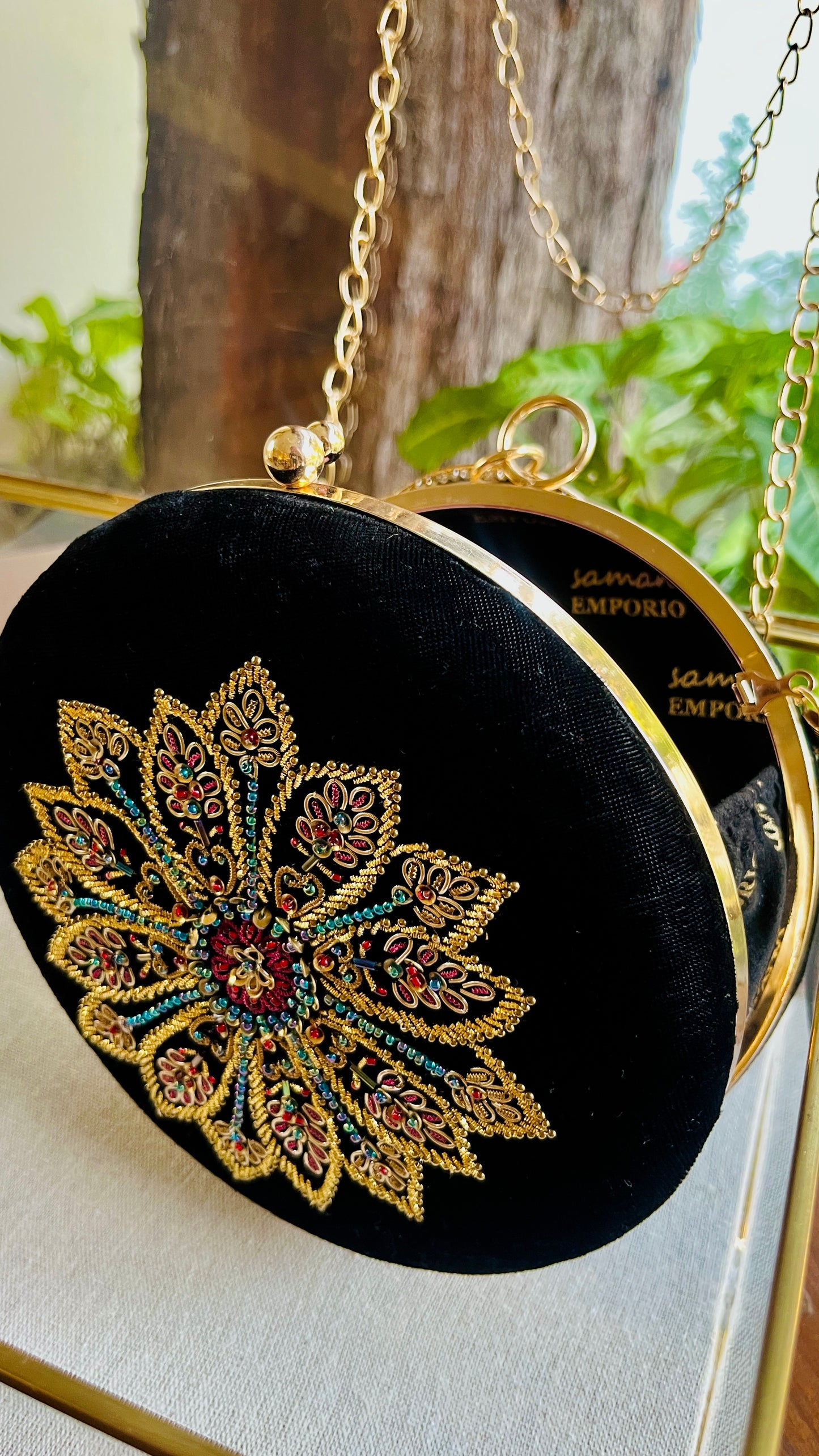 Black Shade Velvet Ari Mukaish Zardosi Round Sling Bag