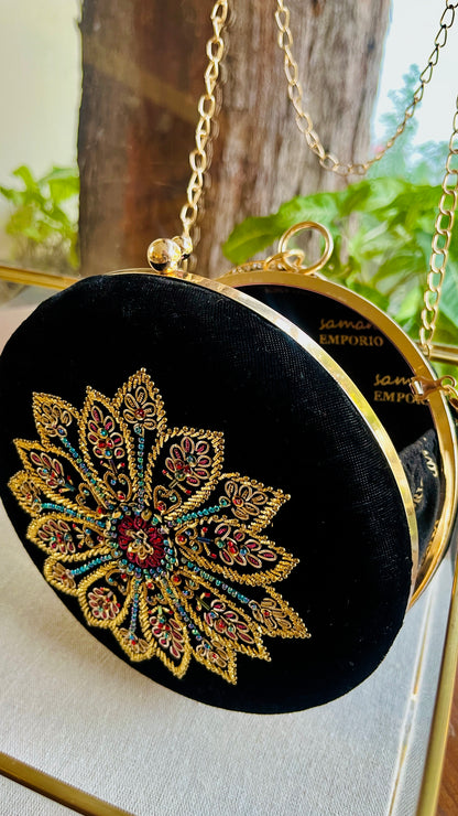 Black Shade Velvet Ari Mukaish Zardosi Round Sling Bag