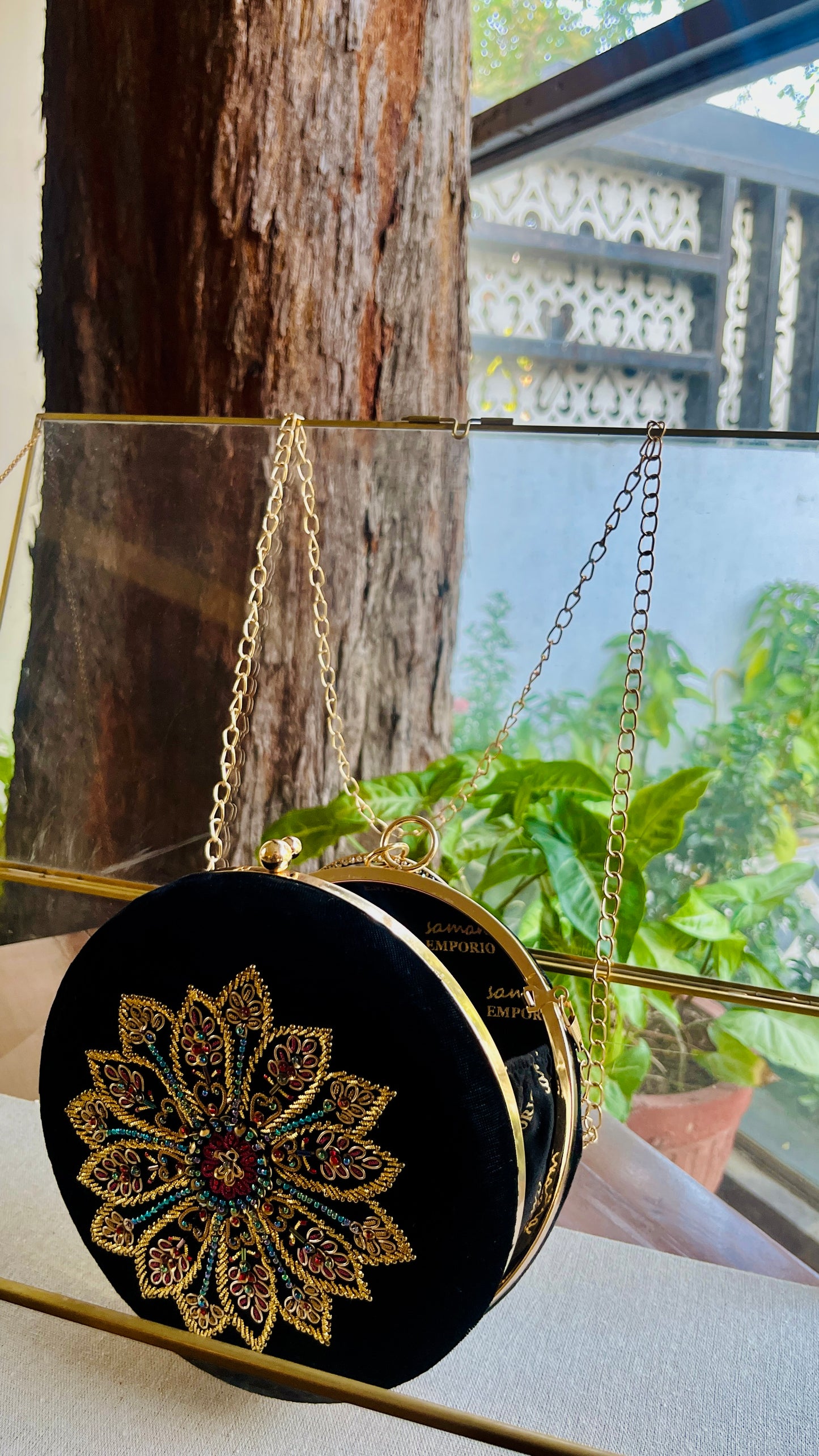 Black Shade Velvet Ari Mukaish Zardosi Round Sling Bag