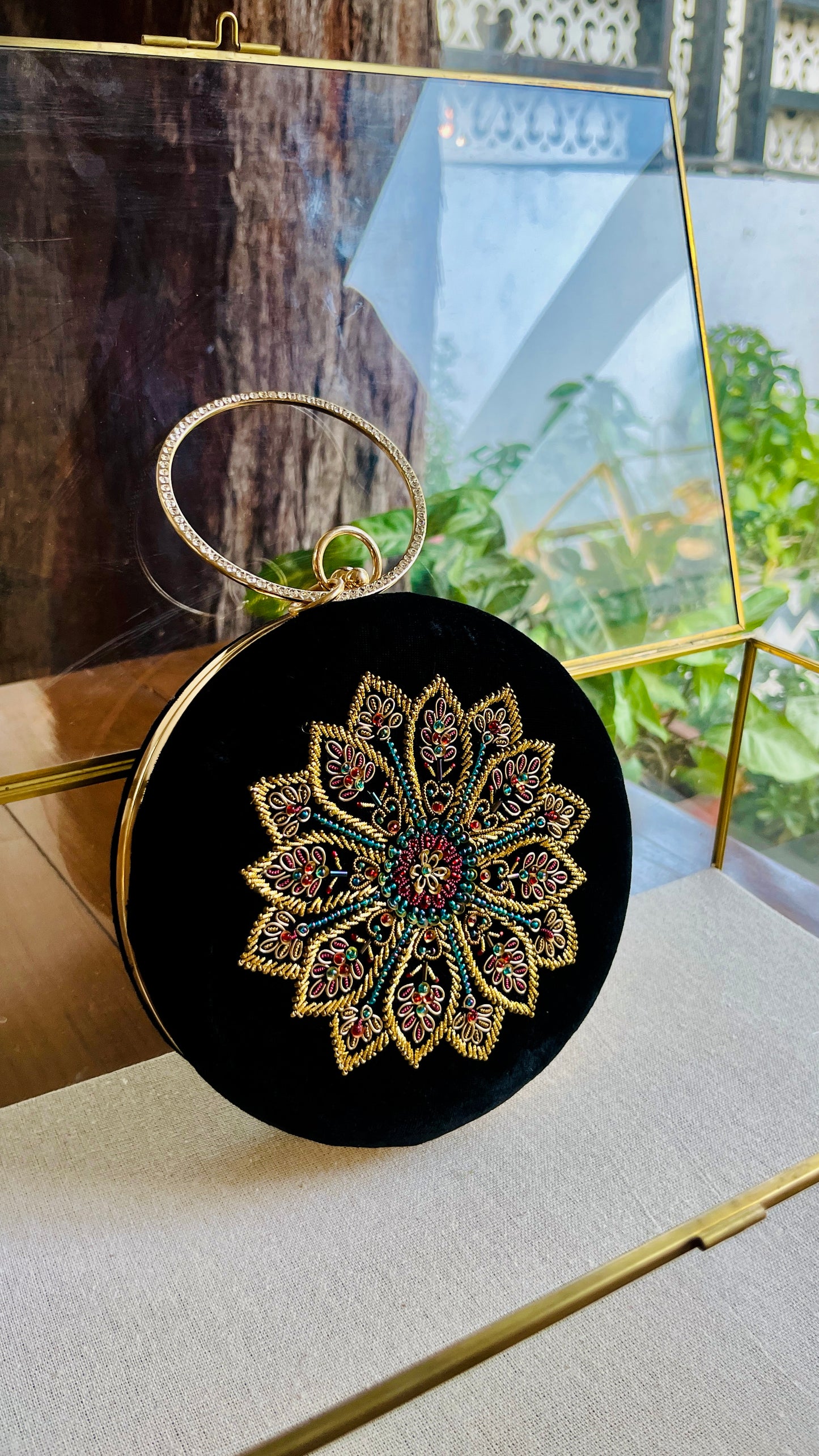 Black Shade Velvet Ari Mukaish Zardosi Round Sling Bag