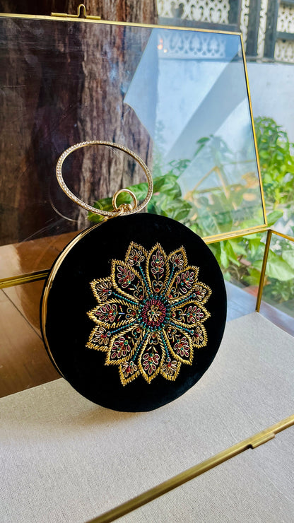 Black Shade Velvet Ari Mukaish Zardosi Round Sling Bag