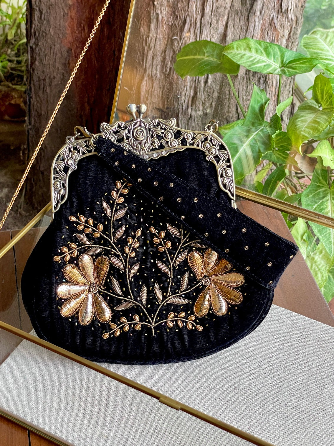 Black Shade Velvet Ari Mukaish Zardosi Sling Clutch Bag