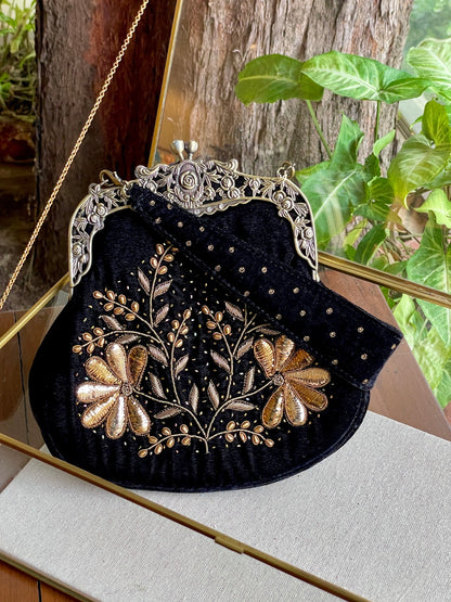 Black Shade Velvet Ari Mukaish Zardosi Sling Clutch Bag