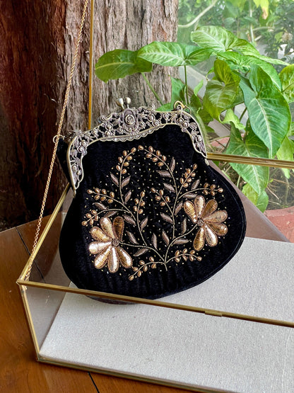 Black Shade Velvet Ari Mukaish Zardosi Sling Clutch Bag