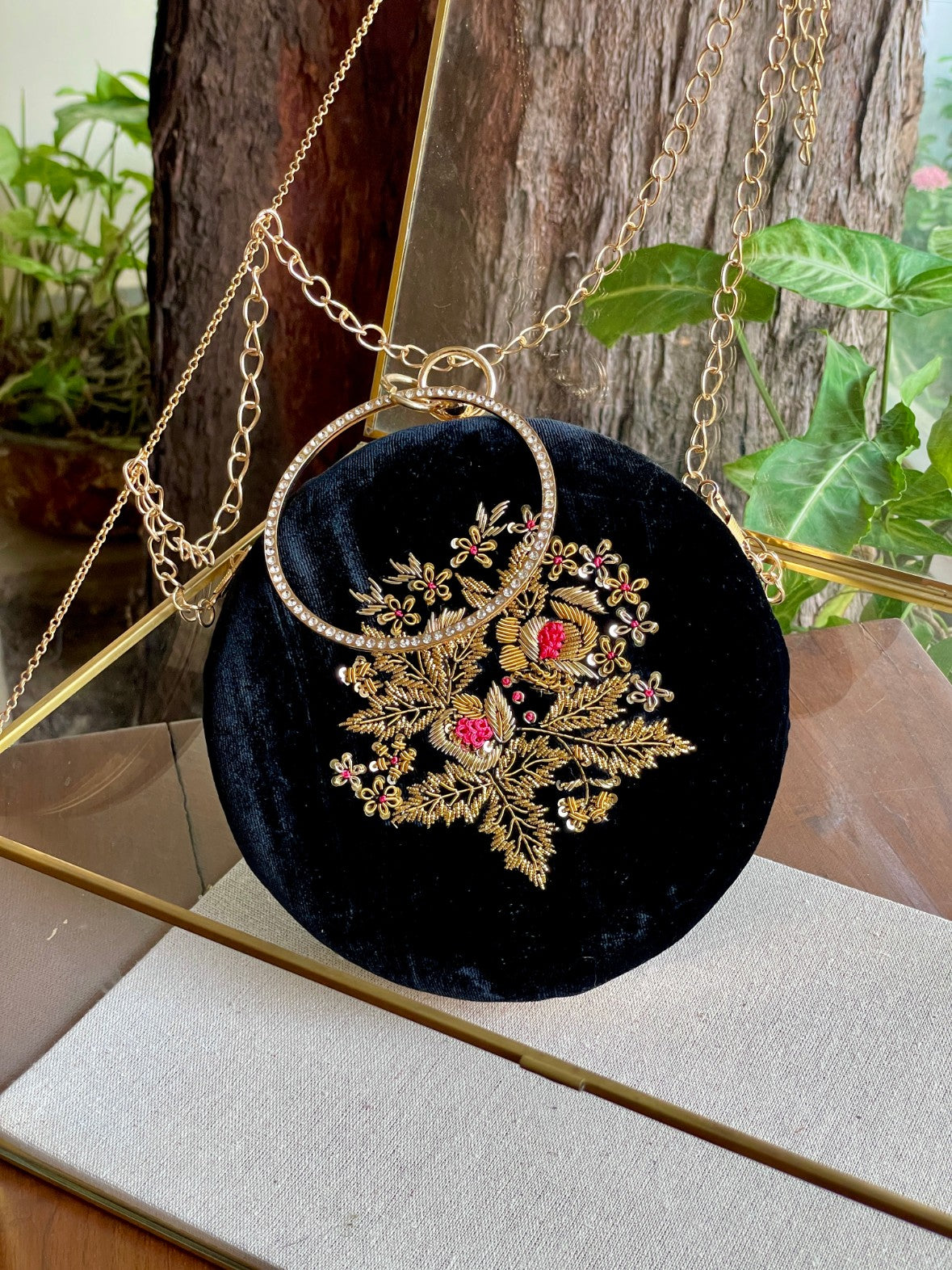 Black Shade Velvet Ari Mukaish Zardosi Round Shape Sling Bag