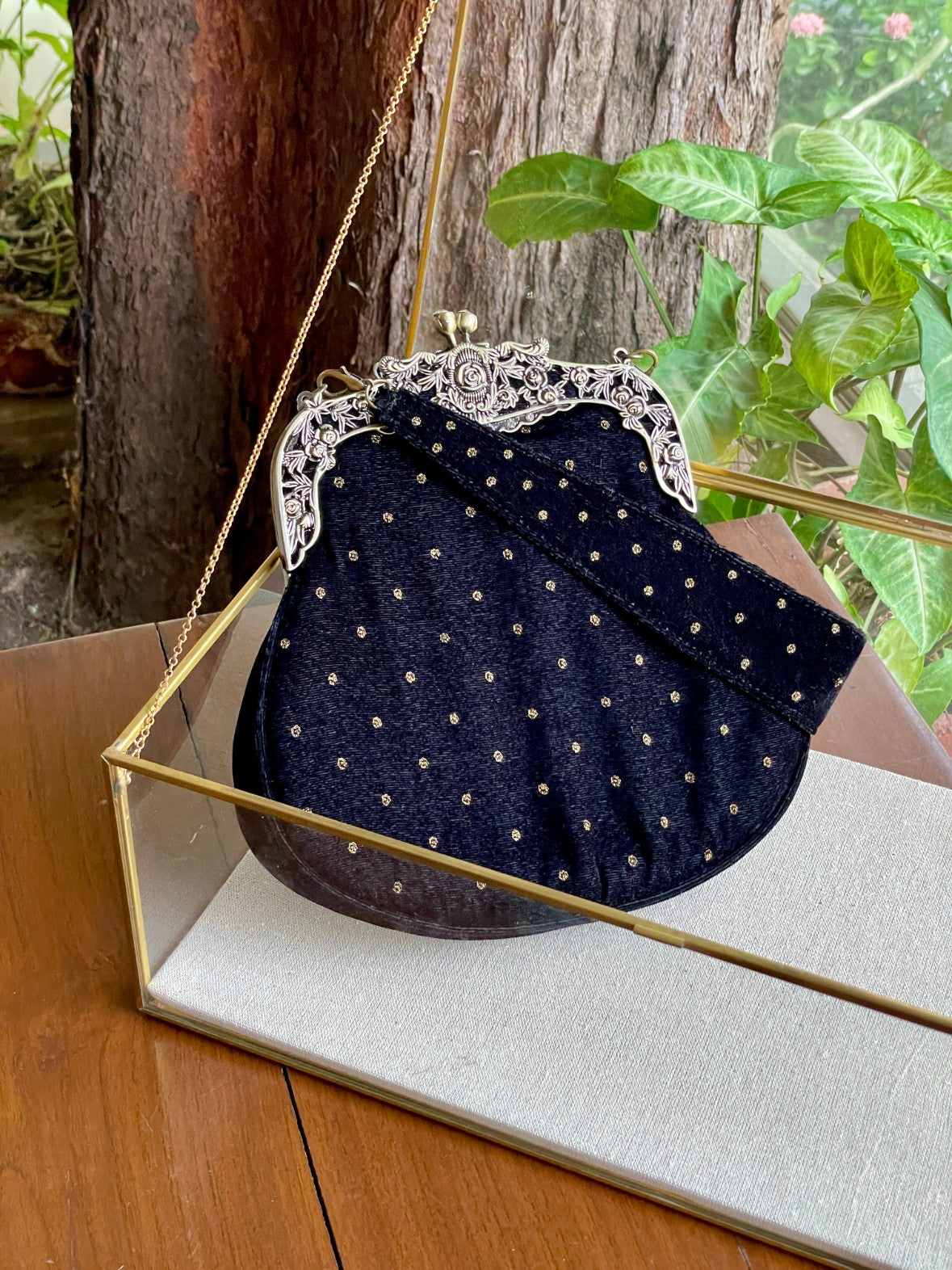 Black Shade Velvet Ari Mukaish Zardosi Sling Clutch Bag