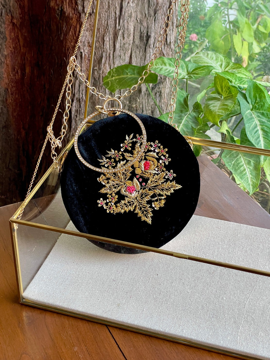 Black Shade Velvet Ari Mukaish Zardosi Round Shape Sling Bag