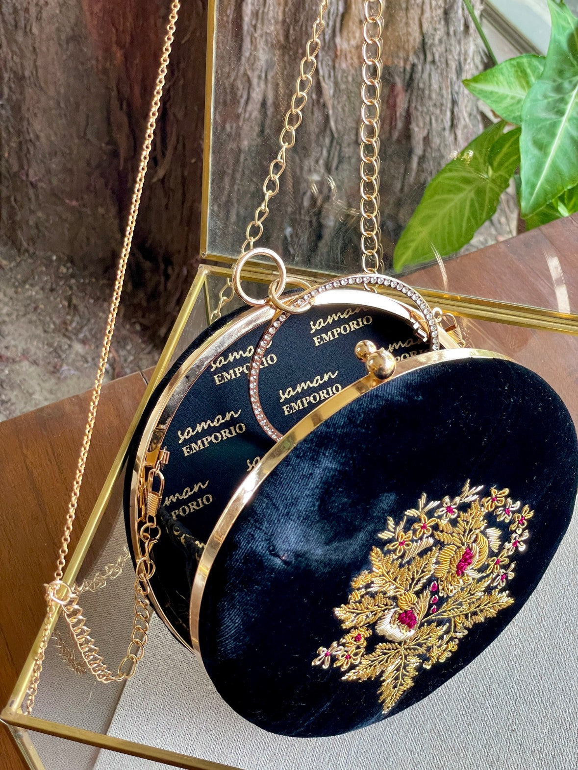 Black Shade Velvet Ari Mukaish Zardosi Round Shape Sling Bag