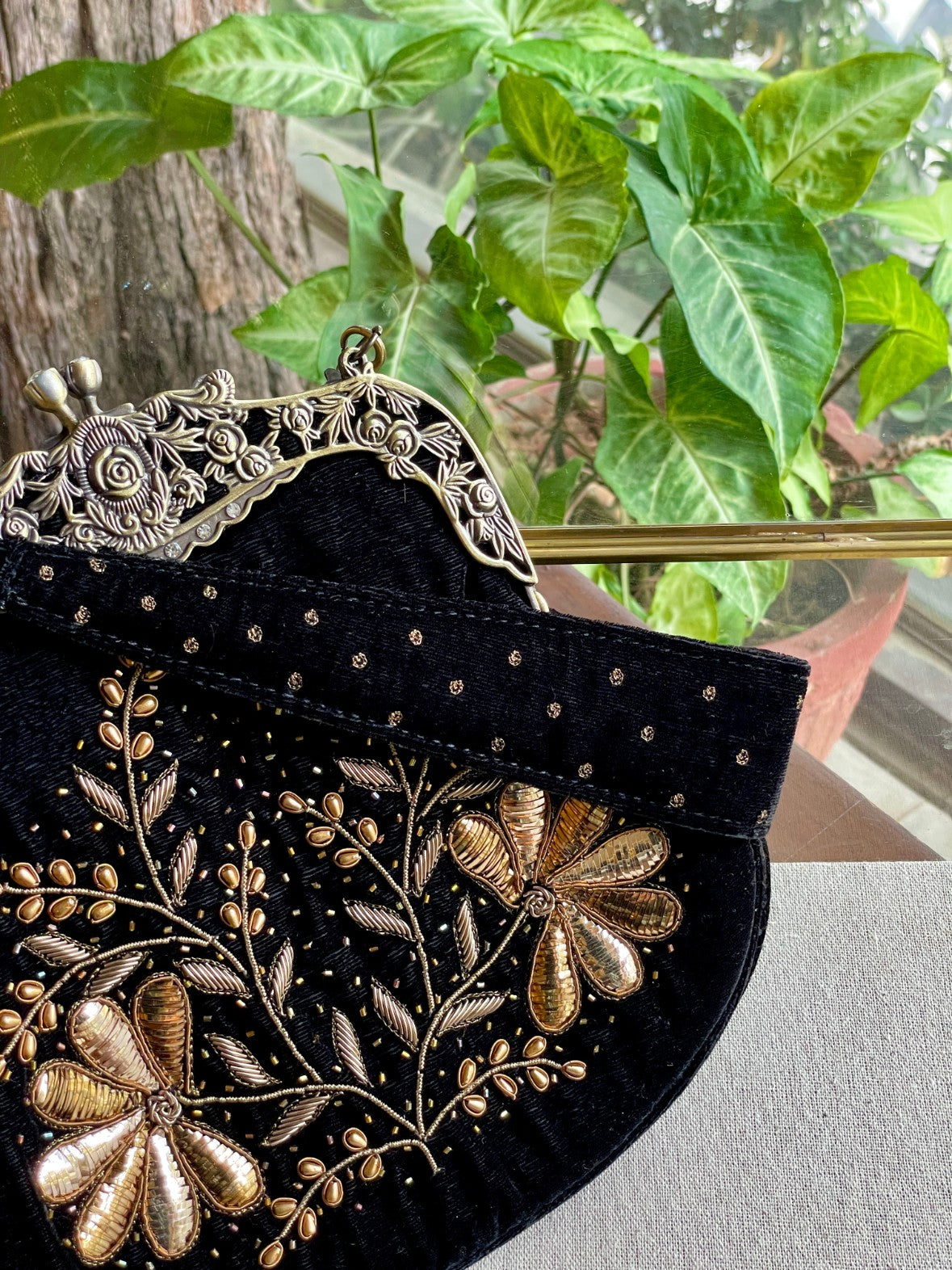 Black Shade Velvet Ari Mukaish Zardosi Sling Clutch Bag