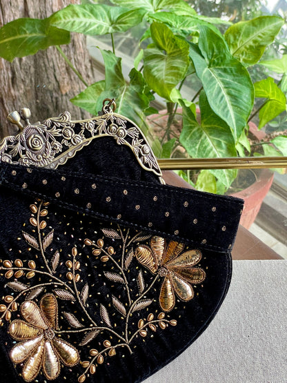 Black Shade Velvet Ari Mukaish Zardosi Sling Clutch Bag