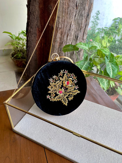 Black Shade Velvet Ari Mukaish Zardosi Round Shape Sling Bag