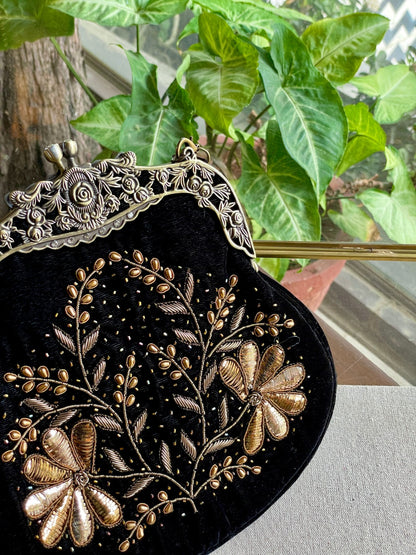 Black Shade Velvet Ari Mukaish Zardosi Sling Clutch Bag