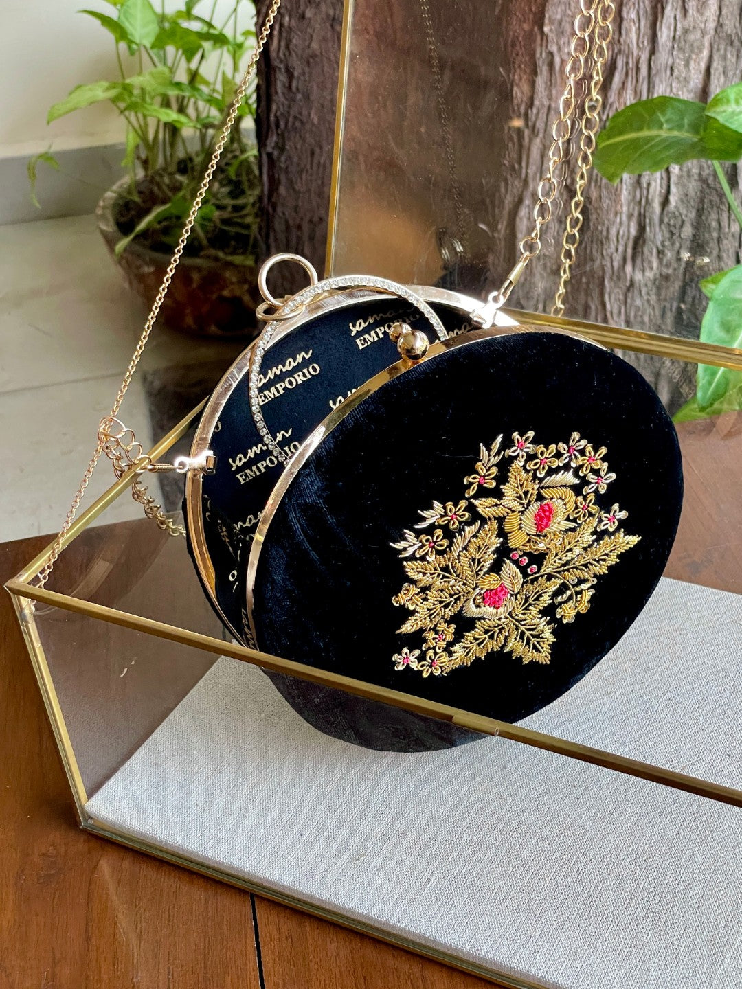 Black Shade Velvet Ari Mukaish Zardosi Round Shape Sling Bag