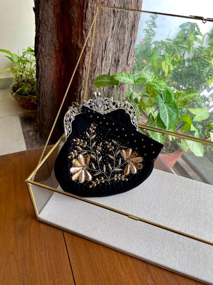 Black Shade Velvet Ari Mukaish Zardosi Sling Clutch Bag