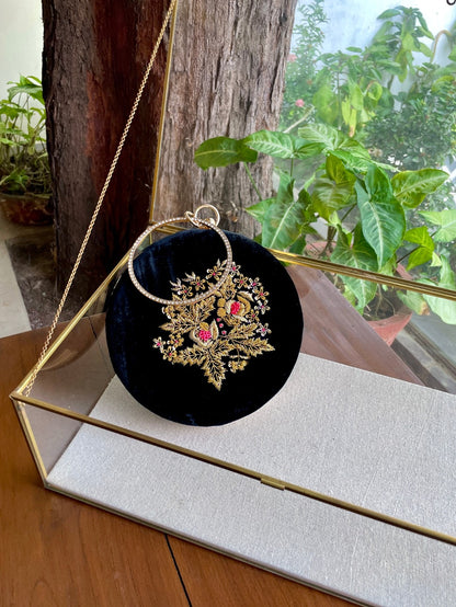 Black Shade Velvet Ari Mukaish Zardosi Round Shape Sling Bag