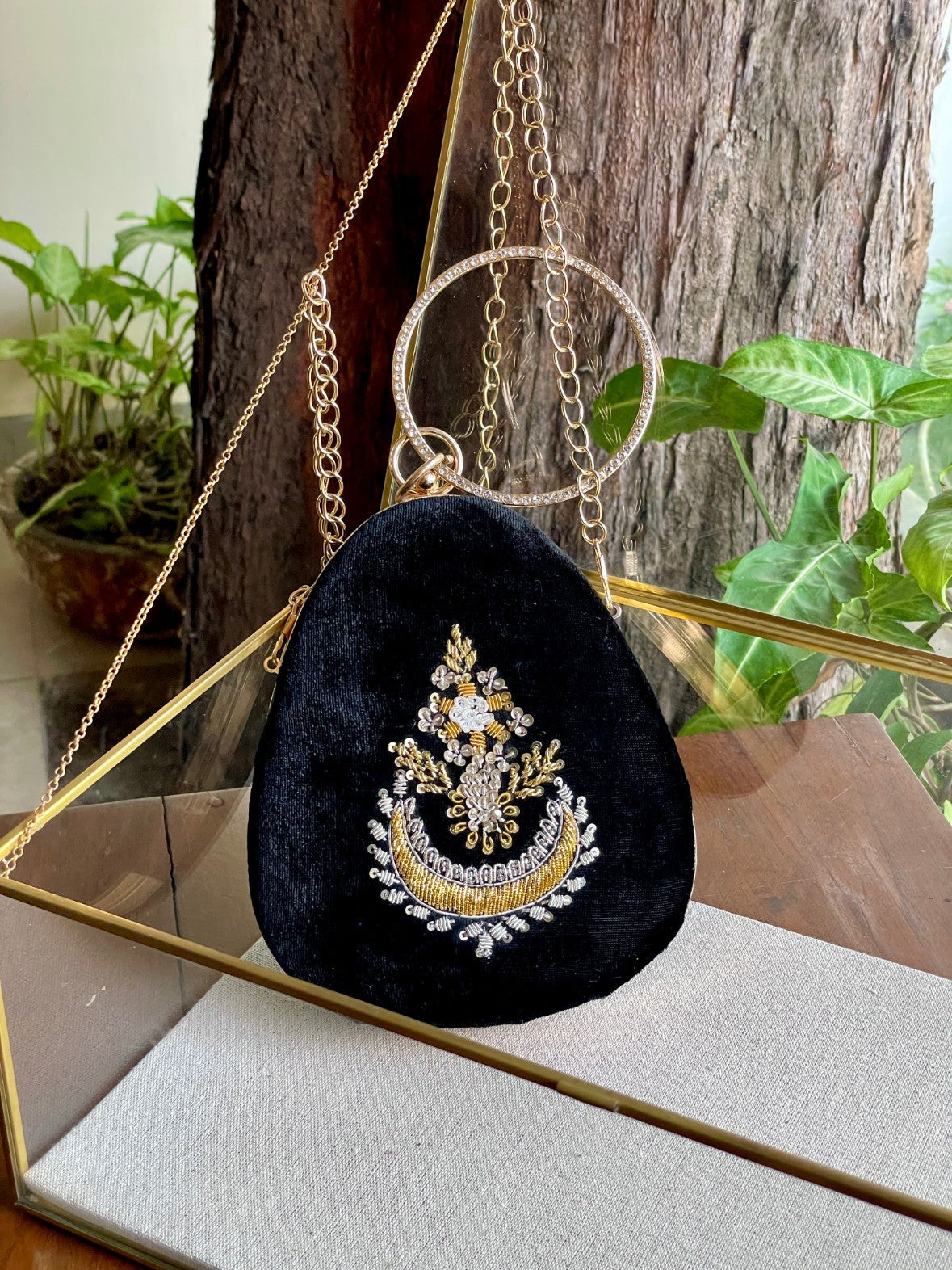Black Shade Velvet Ari Mukaish Zardosi Sling Bag
