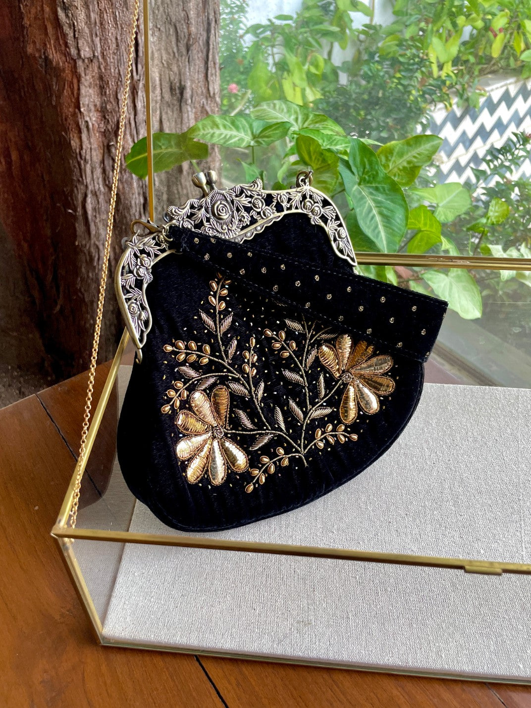 Black Shade Velvet Ari Mukaish Zardosi Sling Clutch Bag