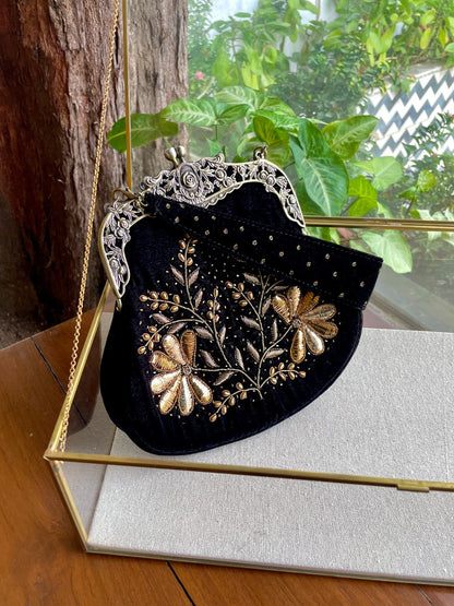 Black Shade Velvet Ari Mukaish Zardosi Sling Clutch Bag