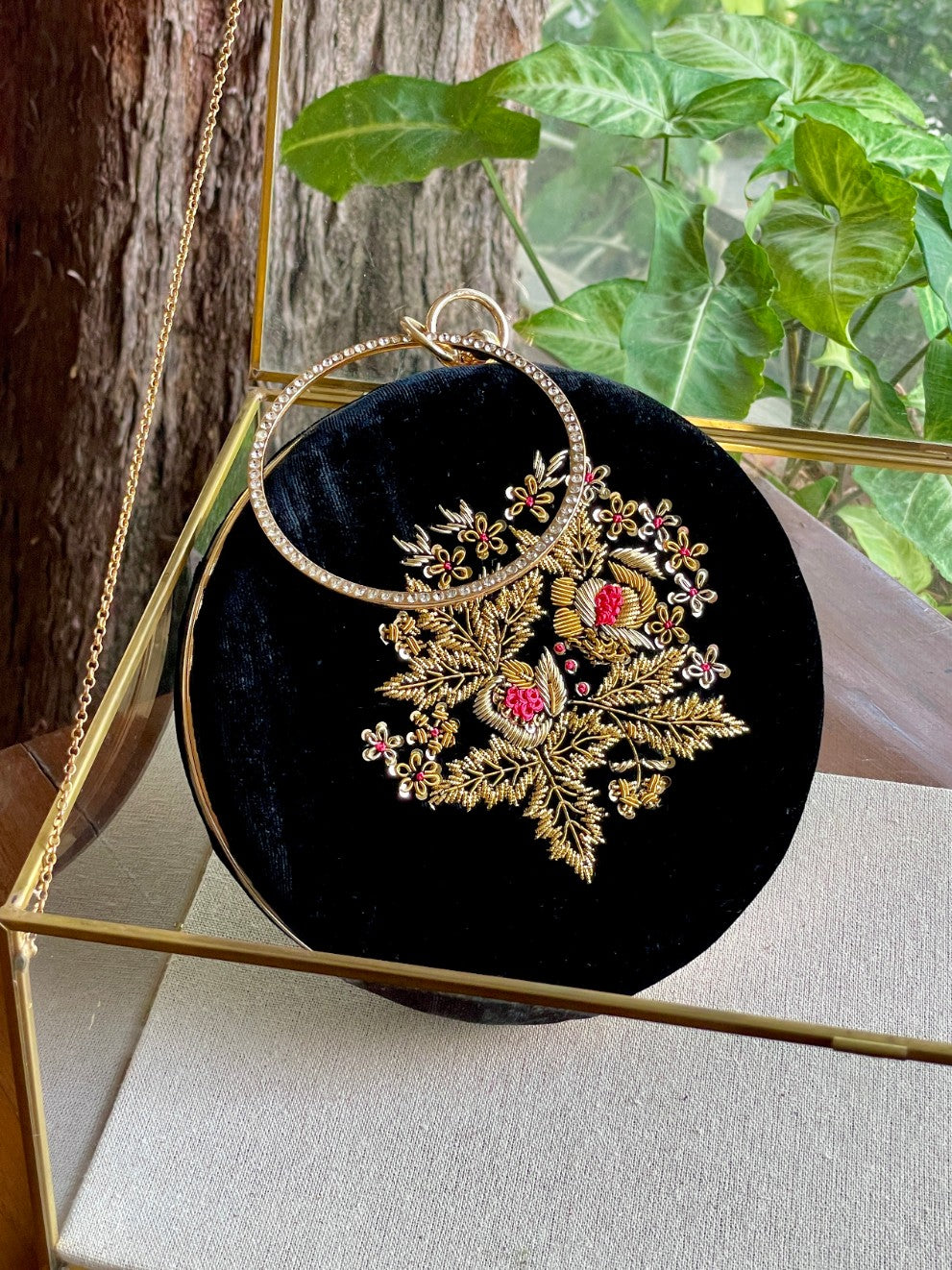 Black Shade Velvet Ari Mukaish Zardosi Round Shape Sling Bag