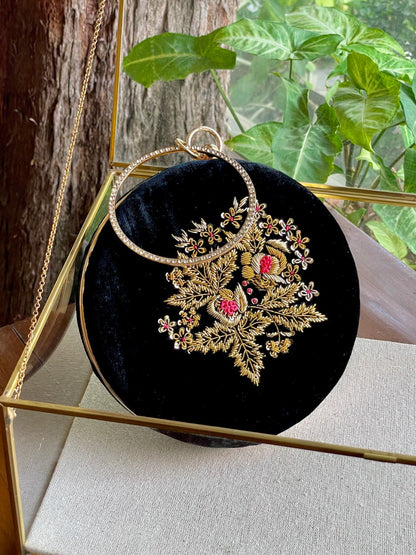 Black Shade Velvet Ari Mukaish Zardosi Round Shape Sling Bag