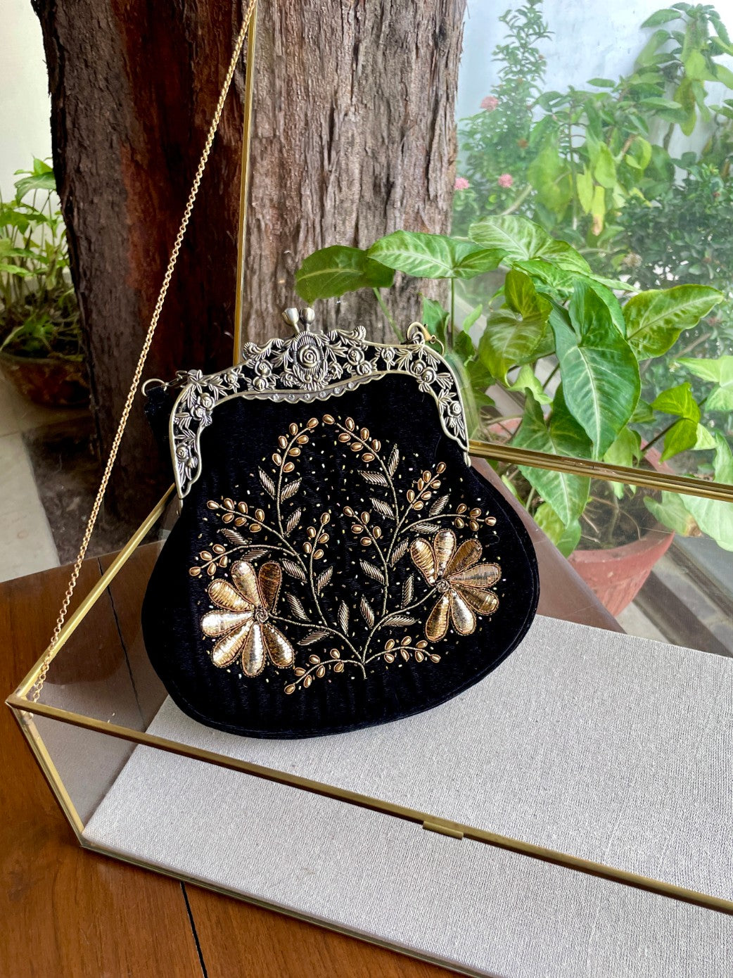 Black Shade Velvet Ari Mukaish Zardosi Sling Clutch Bag