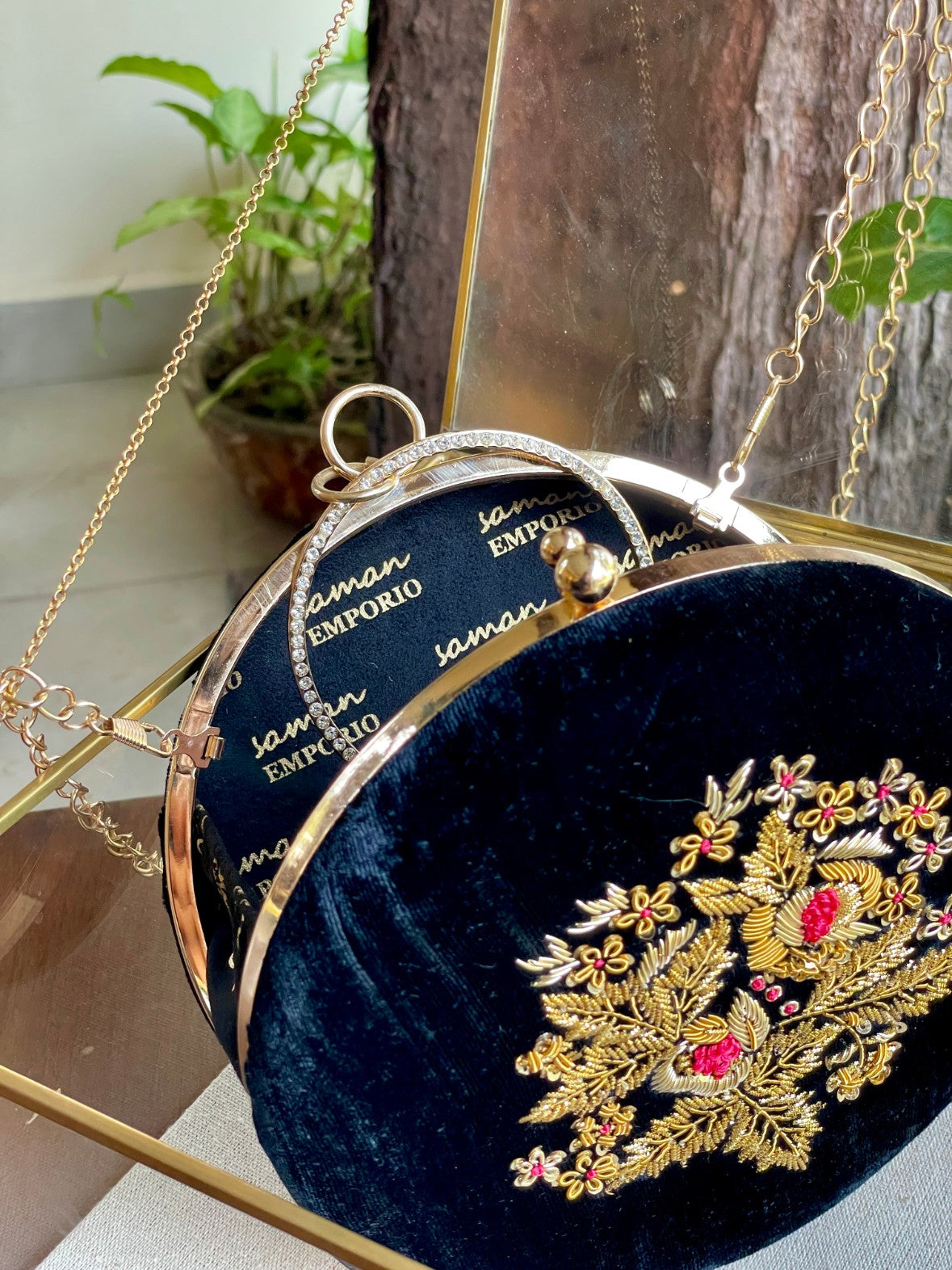 Black Shade Velvet Ari Mukaish Zardosi Round Shape Sling Bag