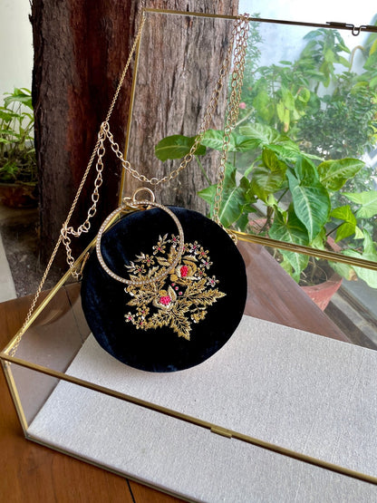 Black Shade Velvet Ari Mukaish Zardosi Round Shape Sling Bag