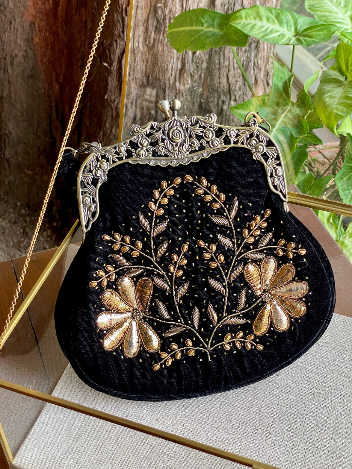 Black Shade Velvet Ari Mukaish Zardosi Sling Clutch Bag