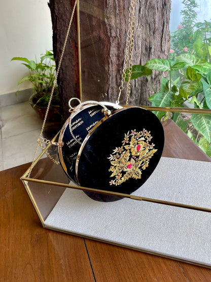 Black Shade Velvet Ari Mukaish Zardosi Round Shape Sling Bag