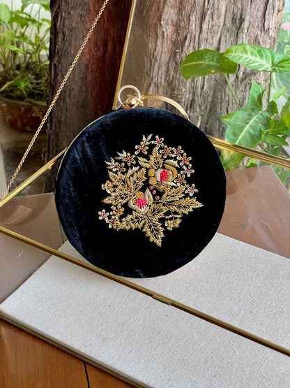 Black Shade Velvet Ari Mukaish Zardosi Round Shape Sling Bag