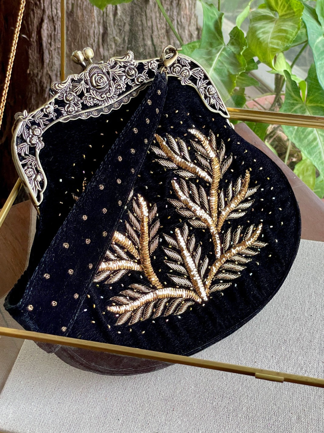 Black Shade Velvet Ari Mukaish Zardosi Sling Clutch Bag
