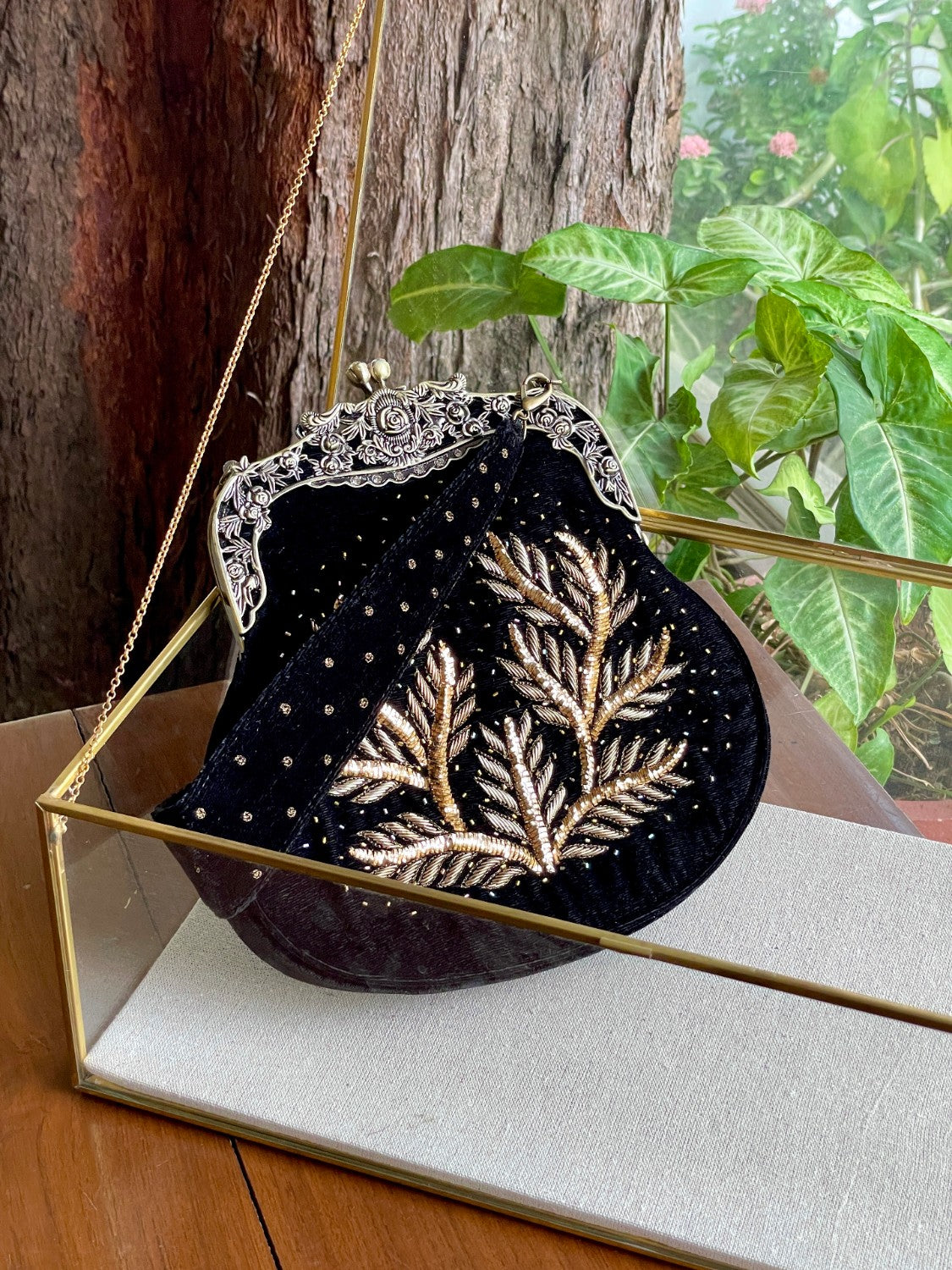 Black Shade Velvet Ari Mukaish Zardosi Sling Clutch Bag